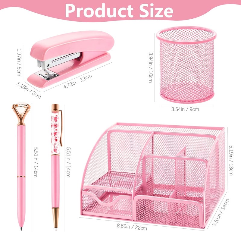 Fayoo 11 Pcs Pink Office Supplies Set Mesh Desk Organizer Accessories Kit include Stapler Tape Dispenser Staple Remover Clips Ruler Scissors Sticky Notes for Office School Home Women (Pink) - Image 2